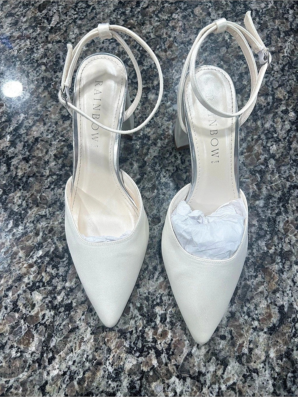 Rainbow Club Aria Dyeable Ivory Satin Slingback Ankle Strap Block Heels